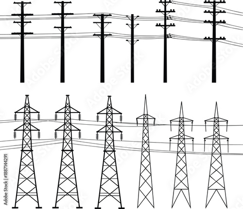 Electrical transmission towers, utility poles, power lines, energy infrastructure, electricity distribution, high voltage grid, rural landscape, industrial network, renewable energy