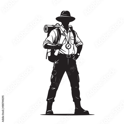 Hiker with Backpack in Monochromatic Illustration Style with High Contrast Lighting on White Background for Adventure Travel