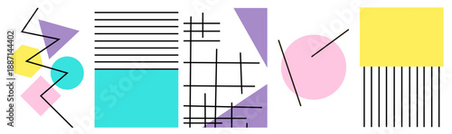 A collection of modern, simple illustrations. Geometric, vibrant abstract designs with stripes on a white background.