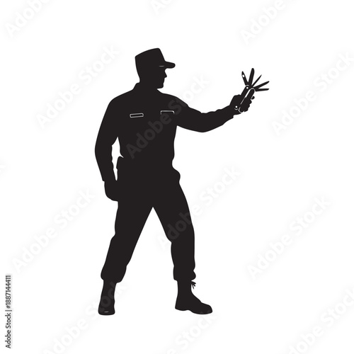Police Officer Silhouette Gesture Black Uniform on White Background for Law Enforcement