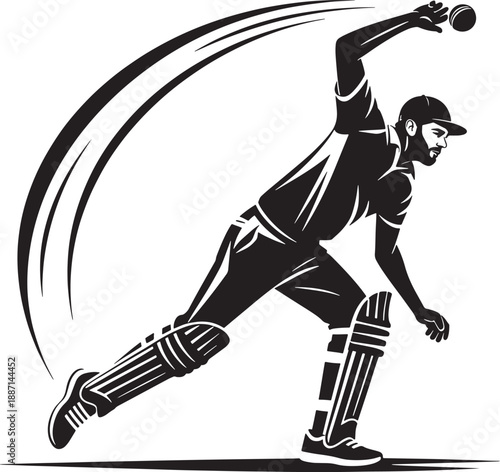 A stylized illustration of a cricket bowler in mid action throwing the ball