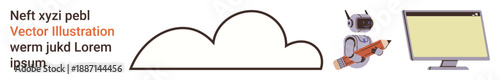 Cloud computing, automation, artificial intelligence, data storage, digital technology, online services. Minimalist cloud icon, robot assistant holding a pencil computer screen. Cloud computing