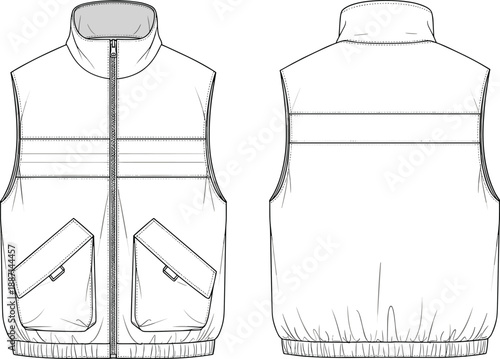 Detailed technical of a white sleeveless puffer vest with a collar and front zipper shown from front and back views with pocket details