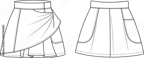 Fashion flat of a draped wrap skirt with pocket details shown from front and back views technical