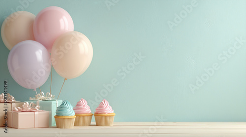 Pastel balloons with cupcakes and gift boxes on mint background, sweet celebration banner mockup
