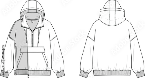 Fashion flat of an oversized anorak hoodie with half zip, chest pocket, color block detail, and elasticated cuffs and hem