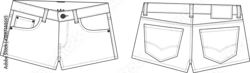 Fashion flat of denim shorts with five-pocket styling and button fly front and back views showcasing stitching and pocket details