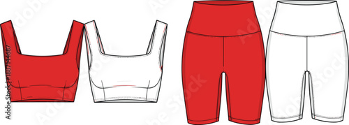 Fashion flat of red and white sports bra and waisted biker shorts for women activewear athleisure