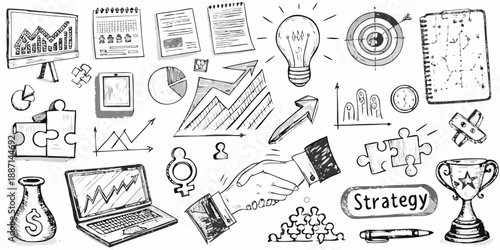 A collection of business and strategy related doodles and hand drawn elements