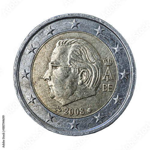 Belgium 2 Euro coin features a bust of King Albert II facing left. The year 2008 below the portrait, flanked by mint marks. The King's monogram (a capital 