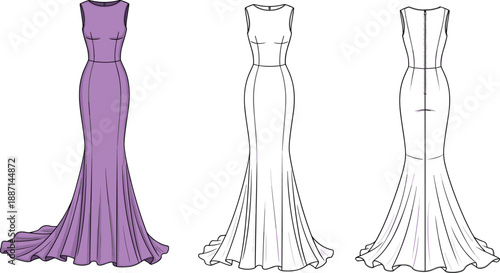 Fashion of a floor-length mermaid gown with a sweetheart neckline and flared hem, shown in color and technical