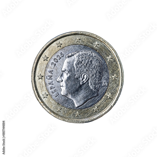 Obverse (heads) of €1 coin features a portrait of King Felipe VI, facing left, twelve stars, the country name in spanish 