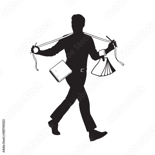 Man carrying shopping bags in silhouette style with dramatic lighting on white background for retail advertisement