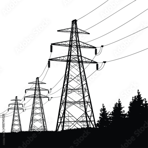 Electricity transmission towers, high voltage pylons, power lines silhouette, energy infrastructure, rural landscape, industrial design, electrical grid