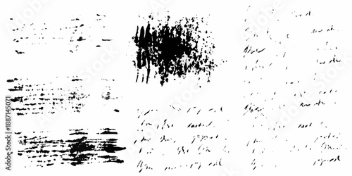 Abstract black brush strokes and scattered textures on a white background