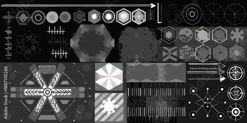 A collection of intricate geometric patterns and shapes in grayscale