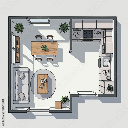 Modern home interior floor plan with furniture and kitchen