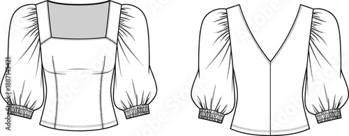 Fashion technical of a square neck puff sleeve with elasticated cuffs presented in front and back views for garment