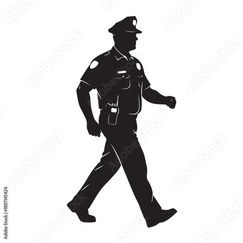 Police officer walking in silhouette style with dark uniform on white background for law enforcement