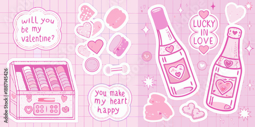 Valentine s day themed stickers and chocolates on a pink checkered background