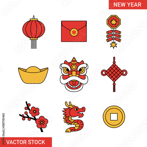Vibrant Chinese New Year celebration elements including lantern, envelope, dragon, lion, and coins