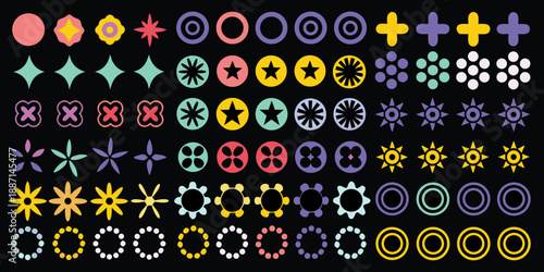 Colorful array of pixelated geometric shapes and floral designs on a black background