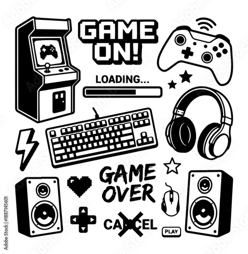 Black and White Gaming Icons Vector, gaming, arcade, controller, keyboard, mouse, headphones, retro, modern, collage, vector, black and white, symbols, text, minimal, iconic, digital, stylized,
