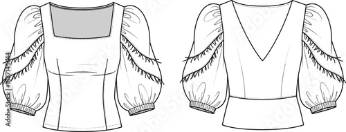Fashion technical of a square neck puff sleeve with fringe detail presented in front and back views for apparel