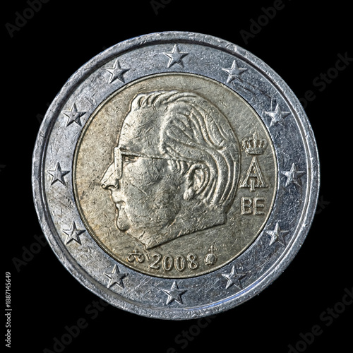 Belgium 2 Euro coin features a bust of King Albert II facing left. The year 2008 below the portrait, flanked by mint marks. The King's monogram (a capital 
