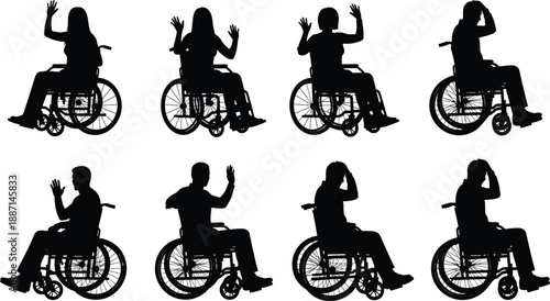 Collection of disabled people silhouettes sitting in wheelchairs including men and women in various poses isolated on white background for accessibility vector illustration