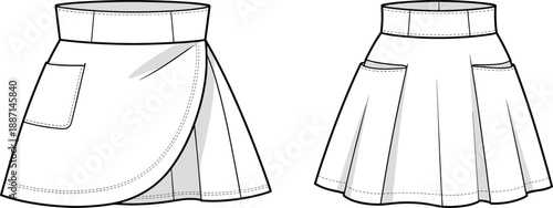Fashion technical of a wrap skirt with side pocket and pleated detail presented in front and back views for clothing