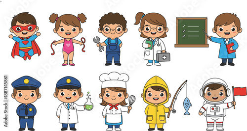 Cute Kids in Different Professions and Superhero Costumes Illustration Set