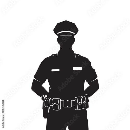 Police Officer Silhouette in Modern Uniform with Black and White Color Scheme on Plain White Background for Law Enforcement Illustration