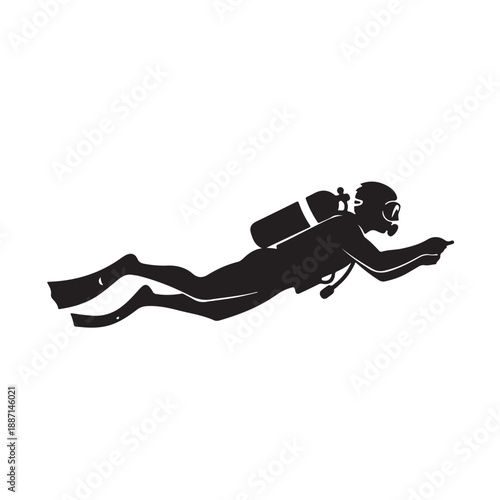 Scuba Diver Silhouette in Dynamic Pose with Dramatic Lighting on White Background for Adventure Illustration