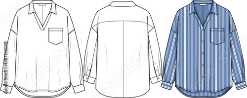 Flat fashion of a women's long sleeve collared shirt with a chest pocket and a striped version shown front and back