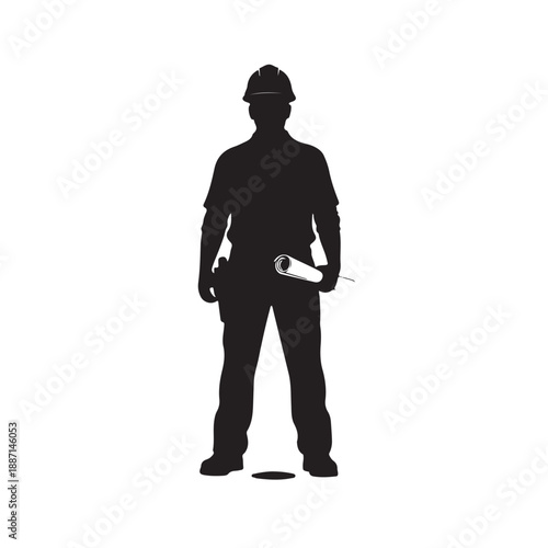 Construction worker silhouette in hard hat holding blueprint in dark minimalist style with high contrast lighting on white background for architectural design