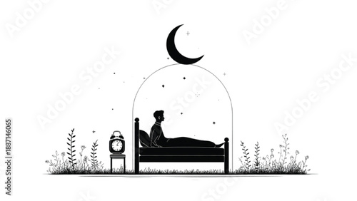 Person waking up for sehri silhouette, Ramadan night routine and early morning fasting lifestyle vector illustration

