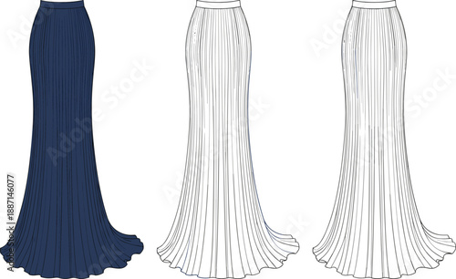Floor-length dark blue pleated skirt with a rich hue and a graceful drape presented in three distinct views with detailed line