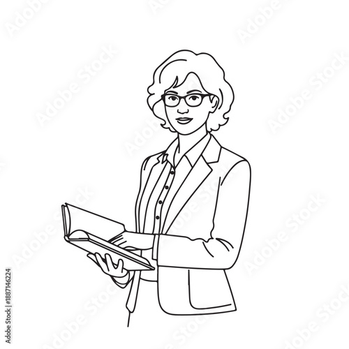 Businesswoman reading document in simple line art style with black outline on white background for corporate illustration