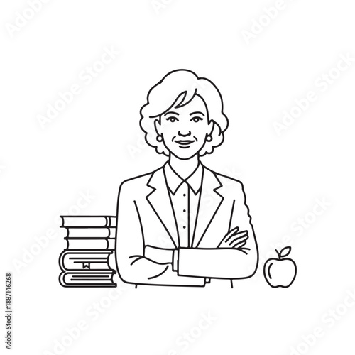 Smiling female teacher with crossed arms and stack of books in simple line art style on white background for education