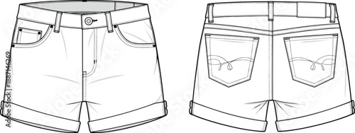 Front and back fashion of white denim shorts with cuffed hems, pocket details, and button fly closure