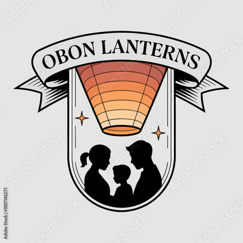 Obon Lanterns family remembrance emblem with floating paper light, Japanese summer memorial festival icon for posters and cultural branding