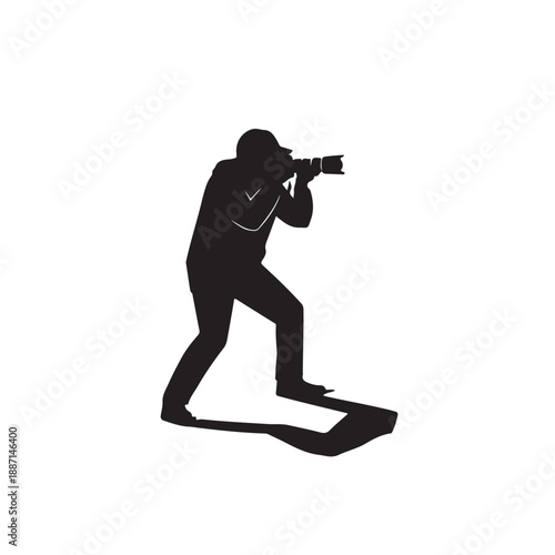 Photographer silhouette in dynamic pose with camera on white background in black and white minimalist style for graphic design