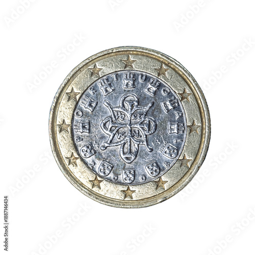 Portuguese 2008 one euro coin with the third royal seal of 1144 of Portugal's first king Dom Afonso Henriques, Seven castles and five coats of arms, and PORTUGAL encircled by twelve stars of Europe.