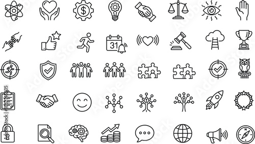 Business icons, education symbols, social concepts, achievement graphics, finance tools, communication elements, innovation visuals, justice signs, vector line set