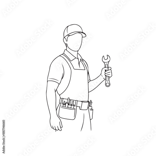 Handyman with wrench in minimalist line art style with monochrome color on white background for maintenance services