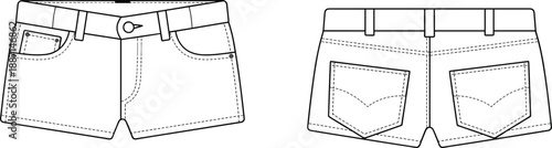 Front and back flat of denim shorts with five pockets and belt loops for fashion jean shorts casual shorts