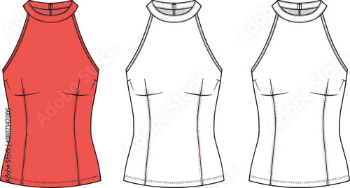 Technical fashion flat of a coral women's halter neck sleeveless with bust darts and detailed stitching presented in front and back views for reference