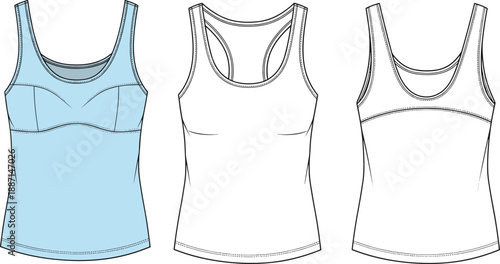Technical fashion flat of a light blue women's racerback tank with detailed stitching and bust darts presented in front and back views for reference