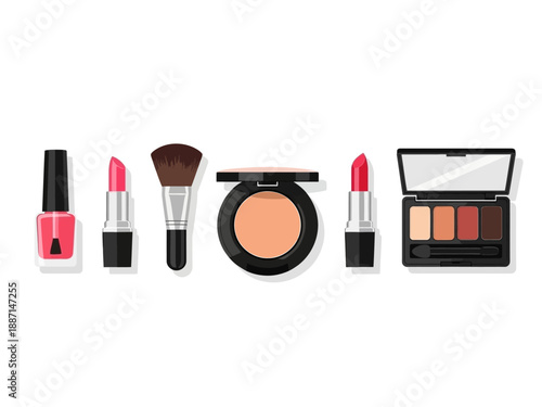 Lineup of six cosmetic items nail polish two lipsticks a brush powder and an eyeshadow palette